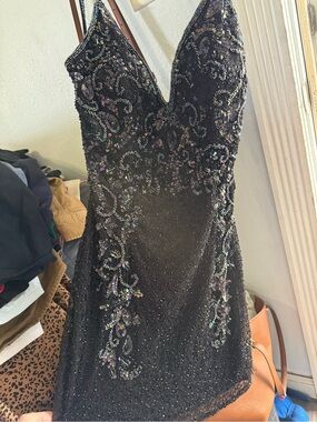 Primavera Couture Black Mini Dress with Iridescent Beading